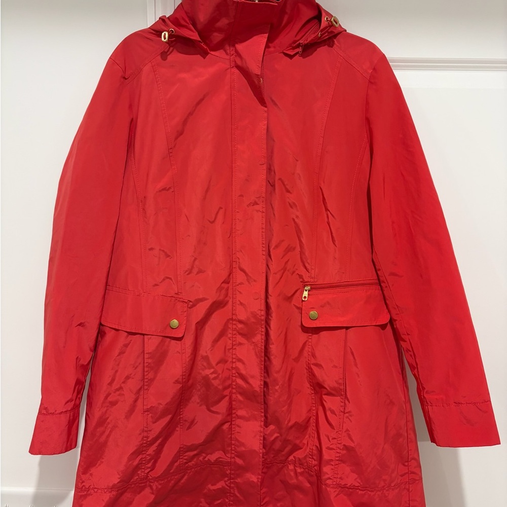 Cole Haan Bright Red Hooded Trench Coat with Gold Hardware